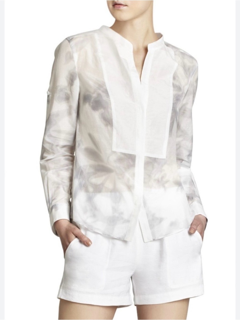 BCBGMaxAzria White Gardenia Pumice Button Up Long Roll Tab Sleeve Silk Top M